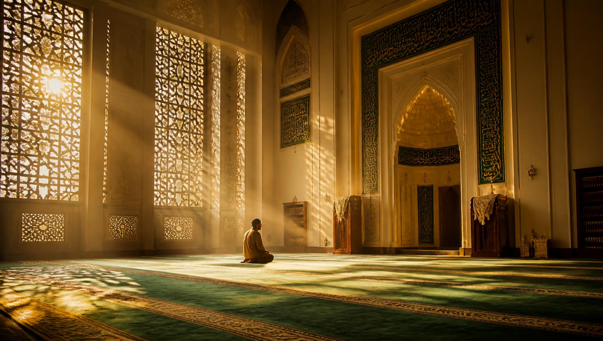 Sunlit mosque prayer hall with geometric lattice windows